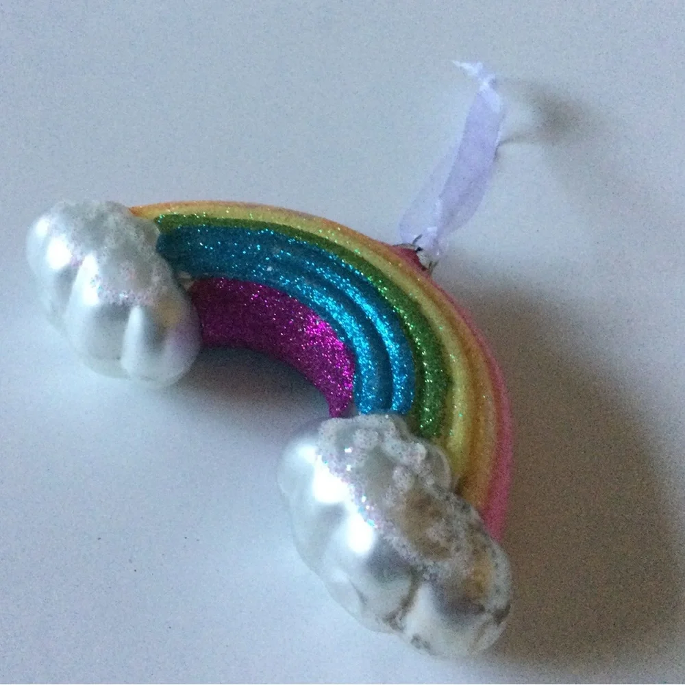 CODY FOSTER GLITTER RAINBOW AND CLOUDS GLASS ORNAMENT NEW